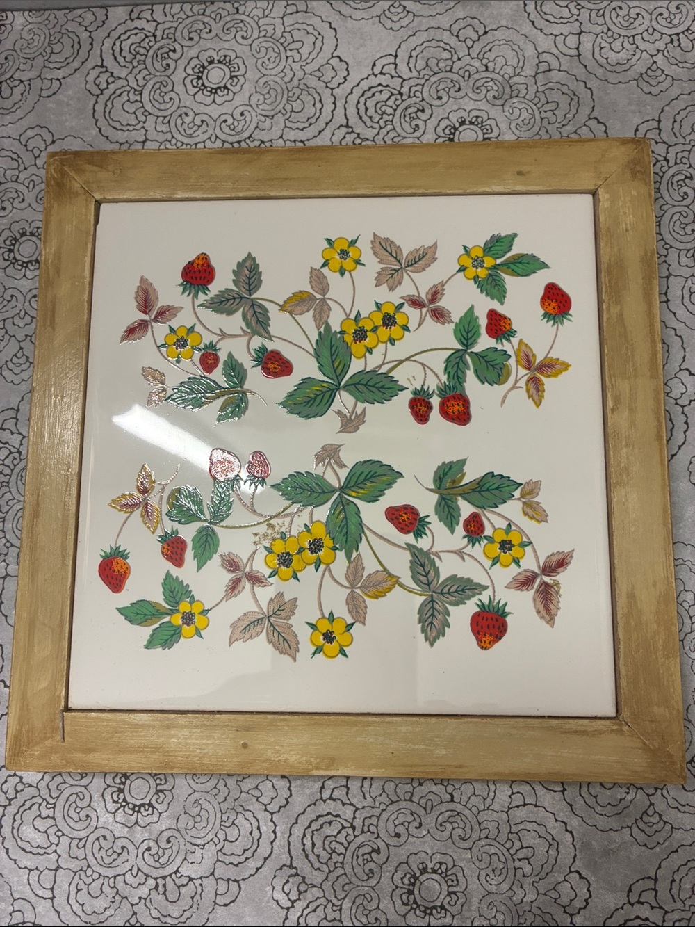 Framed Strawberry Floral Trivet / Wall Hanging for easy access